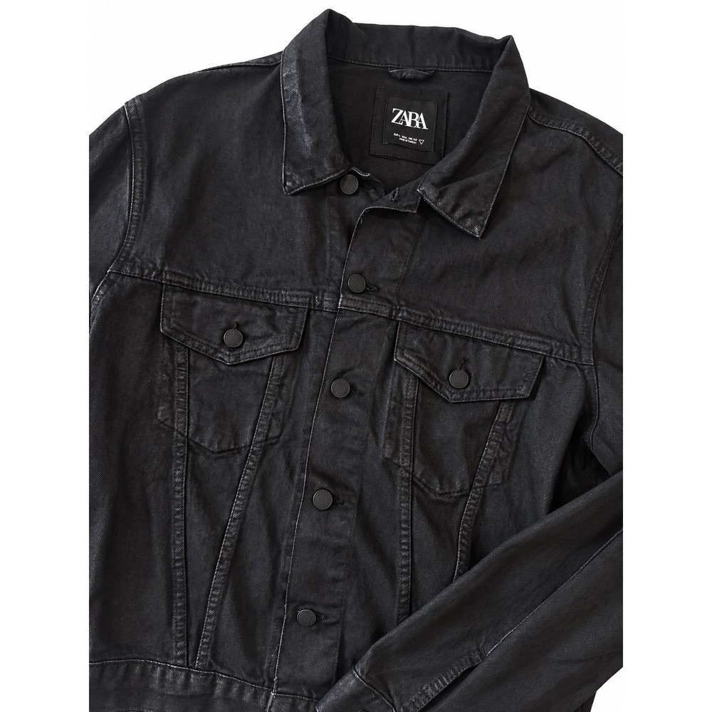 Zara Men's Large Black Wax Coated Denim Trucker Jacket 1466/302/800